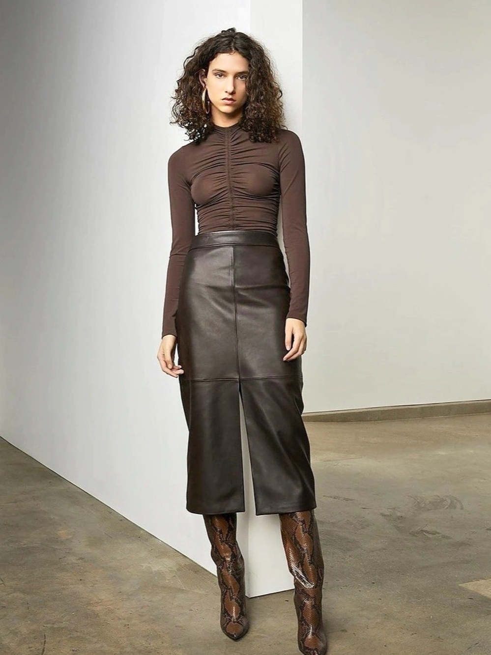 A.L.C. Chocolate Brown Faux Leather Midi Skirt Size 4